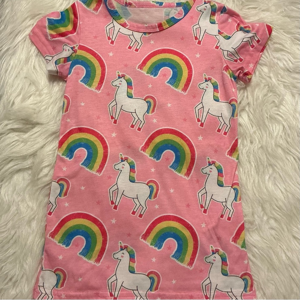 Size 100 (Asia)/3T (US) pink/rainbow and unicorn print dress for little girl/kid